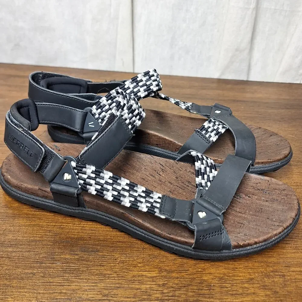 Merrell around town sunvue woven strap sandals hiking comfort beach black/white
